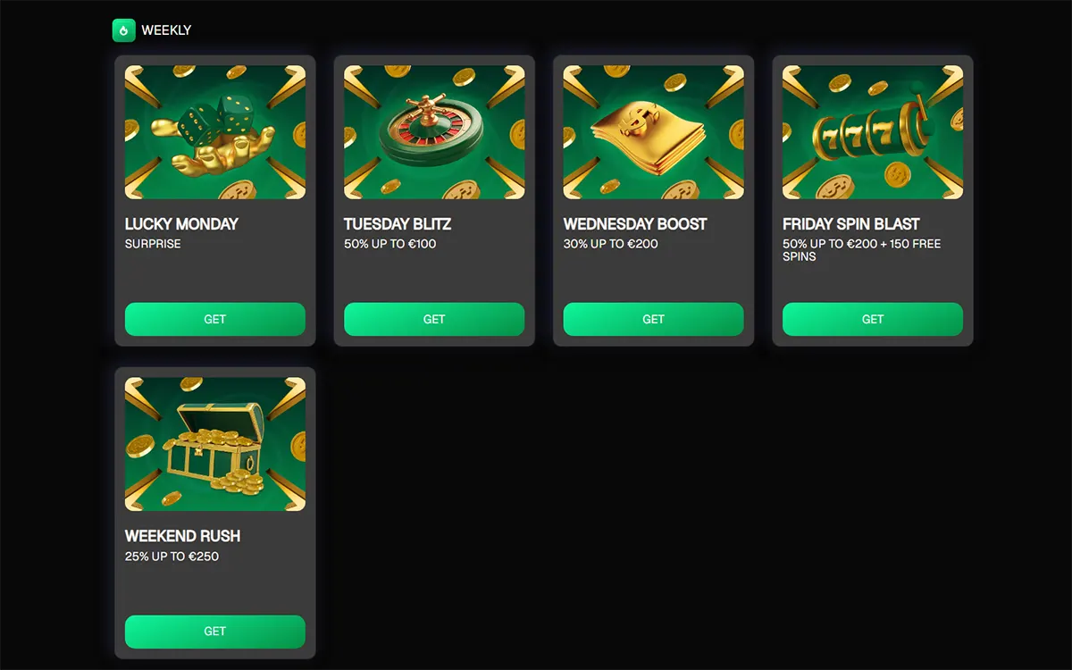 Casino “Weekly” promotions grid displaying offers such as Lucky Monday, Tuesday Blitz, Wednesday Boost, Friday Spin Blast, and Weekend Rush, each with bonus details, themed icons, and green “Get” activation buttons
