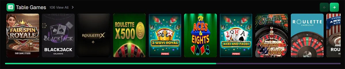 Horizontal “Table Games” carousel featuring classic casino titles such as Blackjack, Roulette X, Roulette X500, 2 Ways Royal, Aces & Eights, Aces and Faces, American Roulette, and more, with themed thumbnails and navigation arrows for browsing