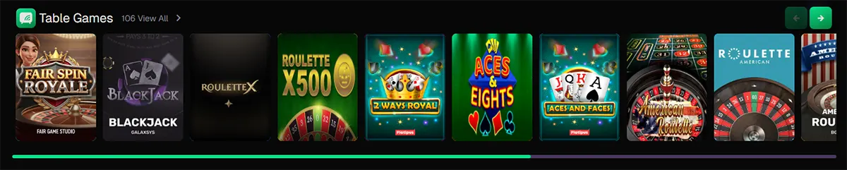 Horizontal “Table Games” carousel featuring classic casino titles such as Blackjack, Roulette X, Roulette X500, 2 Ways Royal, Aces & Eights, Aces and Faces, American Roulette, and more, with themed thumbnails and navigation arrows for browsing