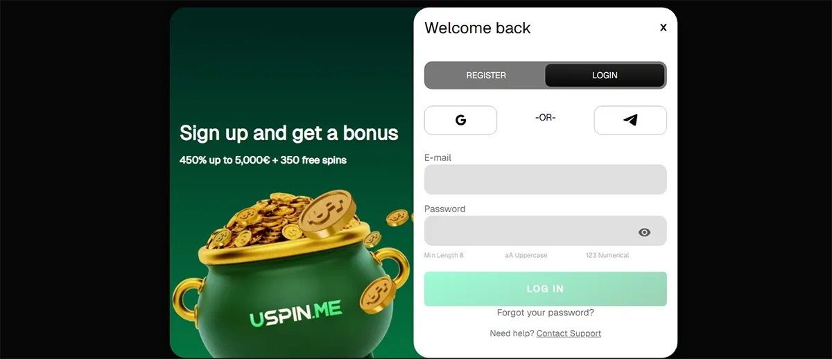 Casino login pop-up with email and password fields, social login options, and a “Log In” button, displayed alongside a promotional banner offering 450% up to €5,000 + 350 free spins with a coin-filled pot graphic