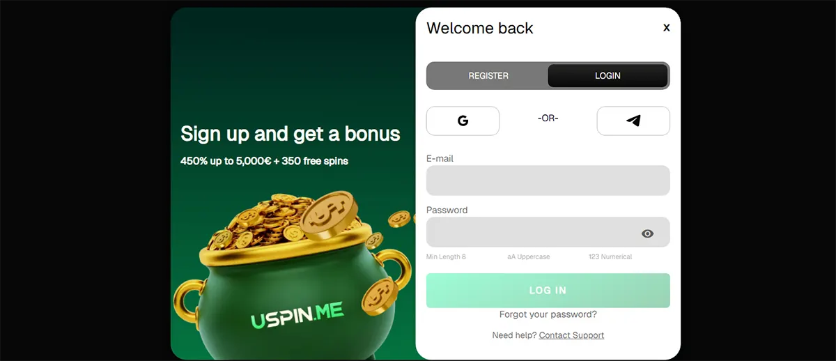 Casino login pop-up with email and password fields, social login options, and a “Log In” button, displayed alongside a promotional banner offering 450% up to €5,000 + 350 free spins with a coin-filled pot graphic